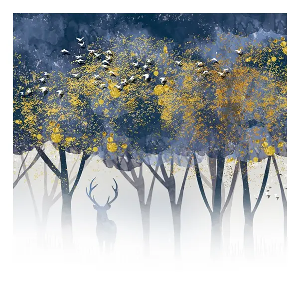 Tableaux Moderne — forêt à l'aquarelle, arbres bleu nuit à feuilles dorées, cerf sous les arbres