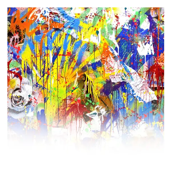 Tableau Abstrait — éclats de peinture superposés jaune, bleu, rouge et orange sur fond clair