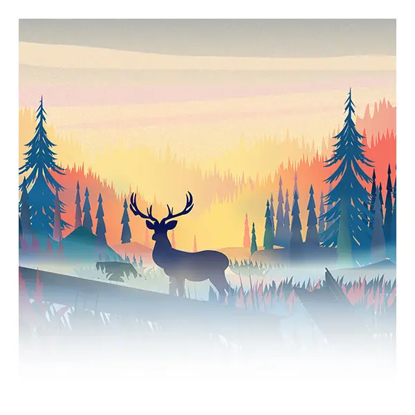Tableau Art Digital — cerf aux bois entre les sapins, ciel de coucher de soleil rose et orange